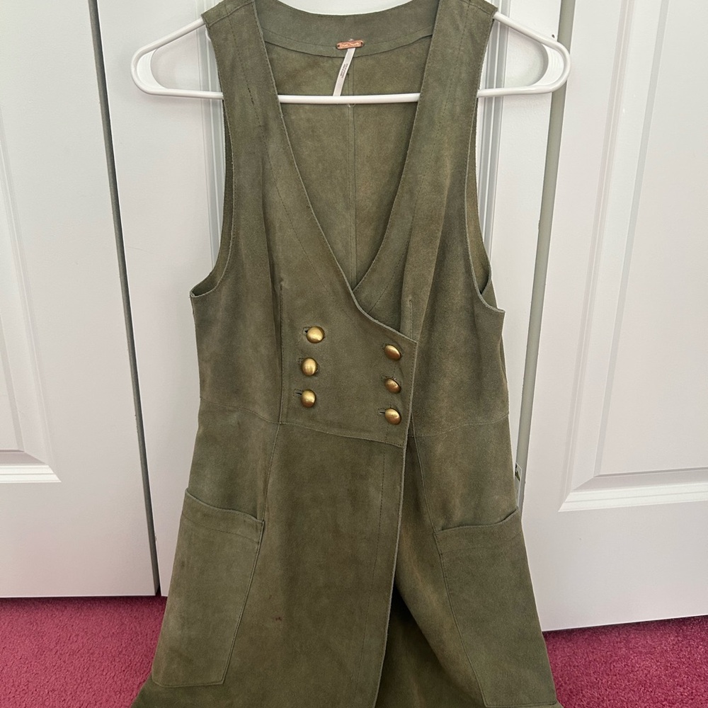 Olive Green Suede Vest dress with Gold Buttons